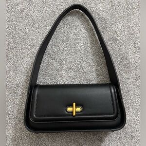 Black Leather Shoulder Bag with Gold Turn-Lock